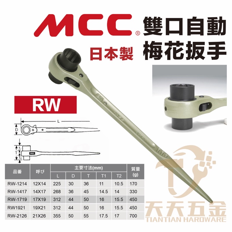 含稅 日本製 MCC RW 雙口自動梅花板手 雙口 尖尾 棘輪梅花板手 梅花板手 鐵工 鋼構 | 蝦皮購物
