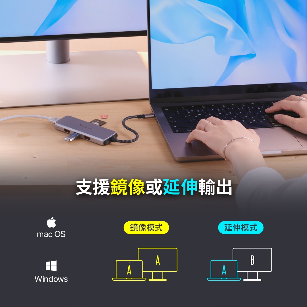 ADAM 亞果元素 HUB A07 支援 USB-C Gen2 七合一多功能高速集線器, 太空灰