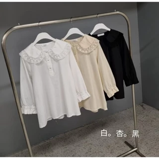 韓國空運-Sokum蕾絲荷葉領.半開襟.七分袖.棉麻衫