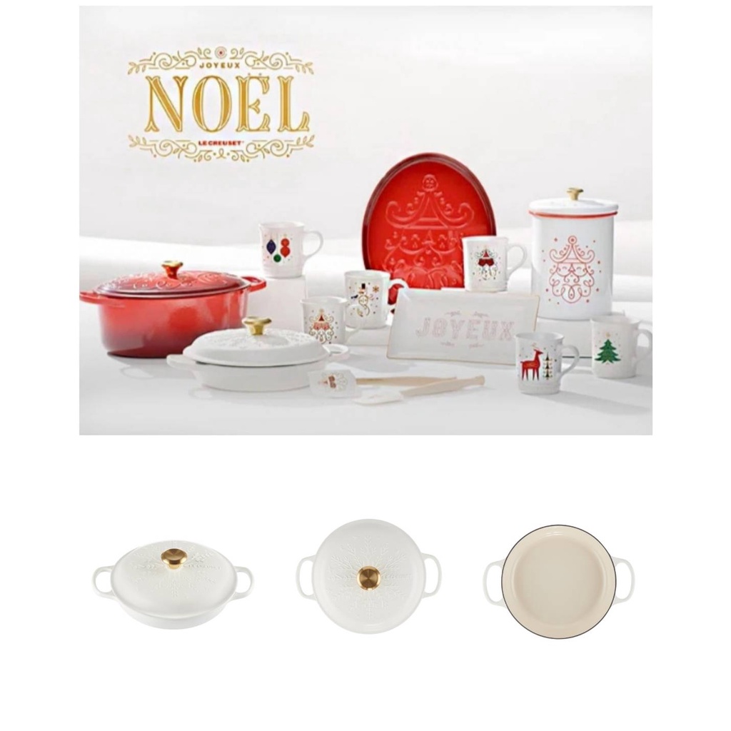 Le Creuset NOEL系列/冬日雪花/26cm/淺底鍋/壽喜燒鍋/棉花白/金頭/烘焙