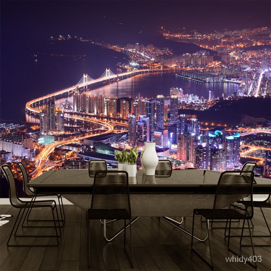 3D現代立體城市夜景風景壁紙歐式個性建築沙髮電視背景墻壁畵墻佈