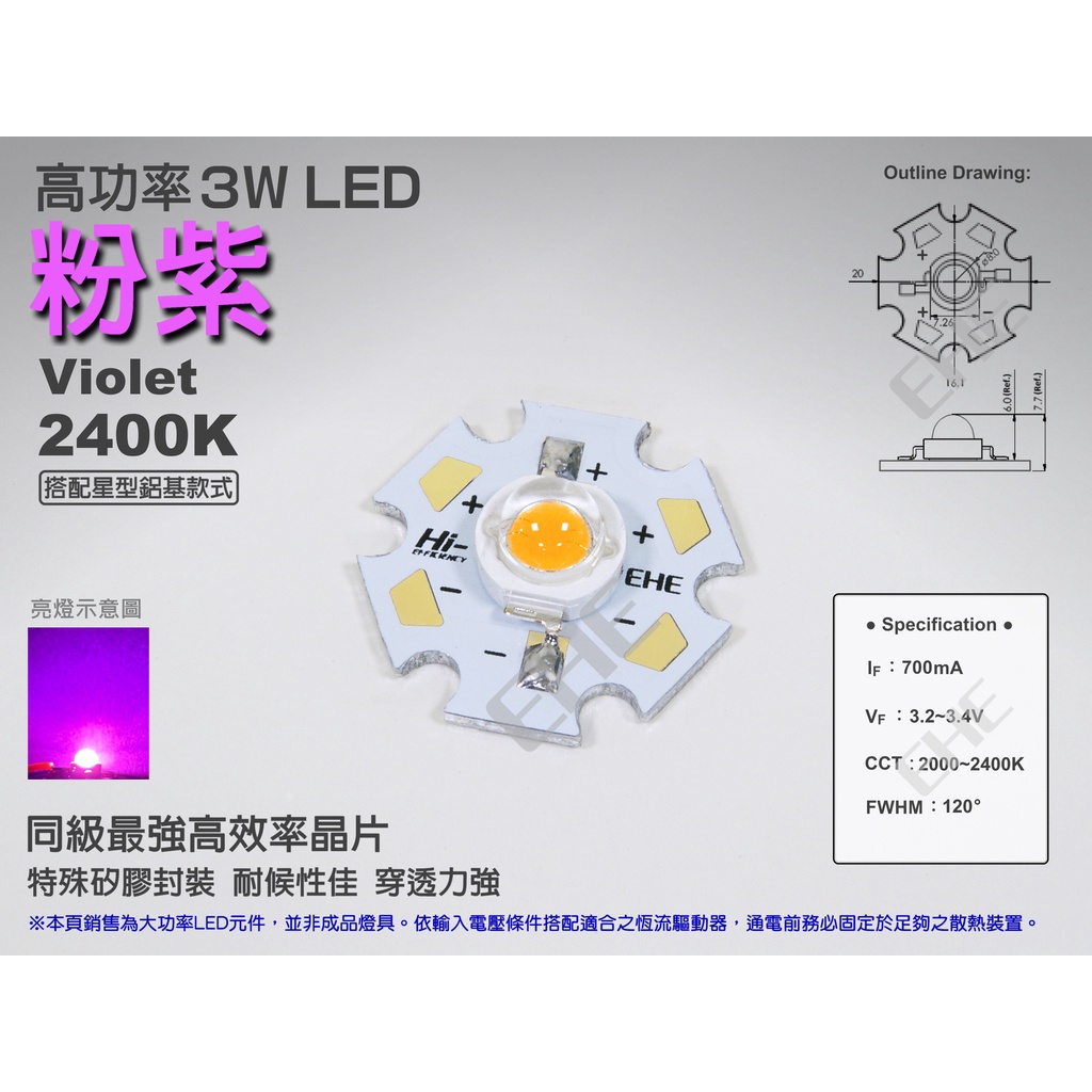 EHE】高功率3W 2400K 粉紫光LED(3H0VL)。適DIY改裝製作機車小燈/定位燈/魚眼等應用 | 蝦皮購物