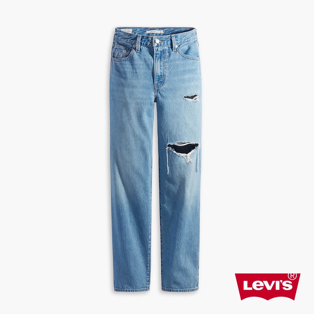 Levis 街頭休閒風中腰寬直筒牛仔長褲/ 精工刷破開口破壞/ 天絲棉及踝款