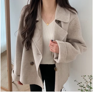 【免運】韓版🇰🇷 西裝領 雙排釦寬鬆毛呢外套 短大衣 長袖保暖外套 氣質升級大衣