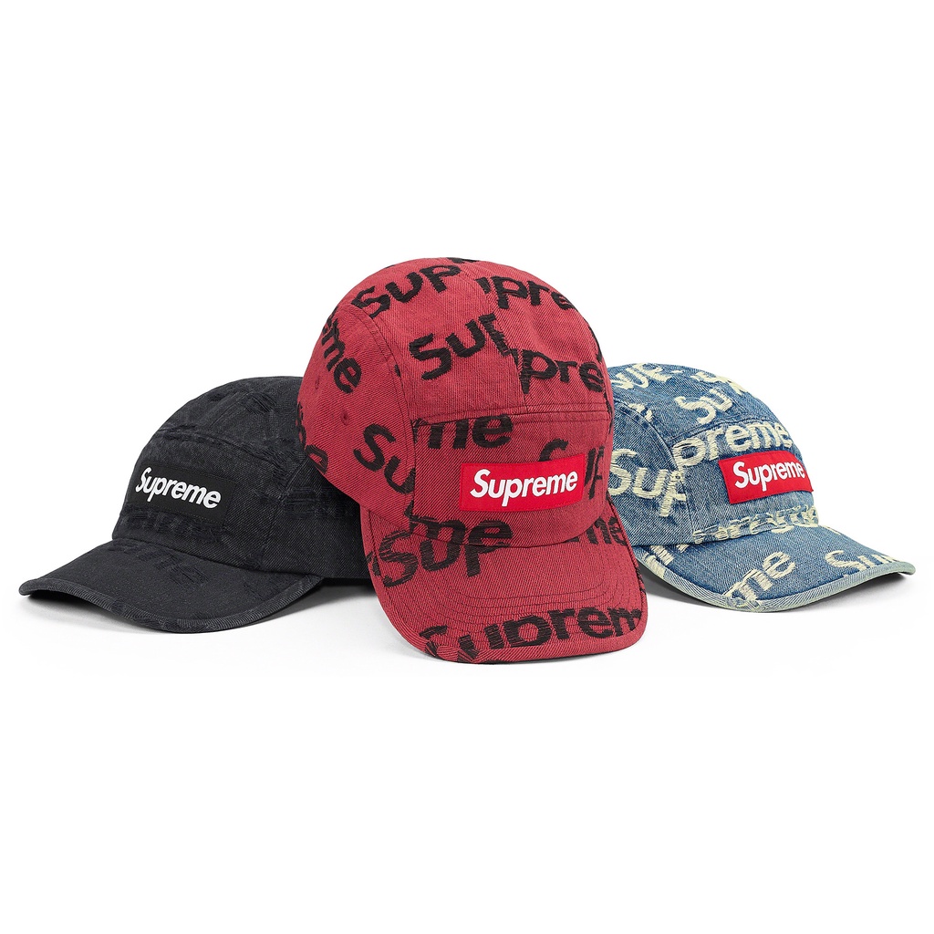 Supreme 2021 S/S 春夏Frayed Logos Denim Camp Cap 滿版丹寧五分割帽