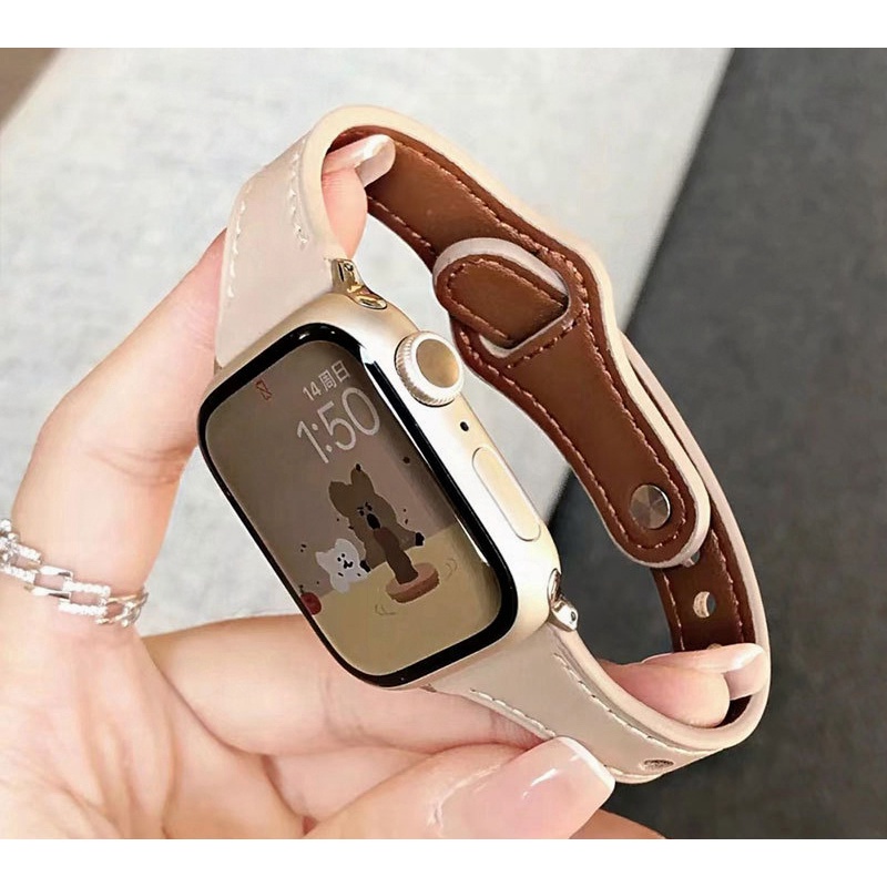 9代穿扣小蛮腰適用於Apple Watch 9 8 SE 7 皮革錶帶41mm 45mm 49mm