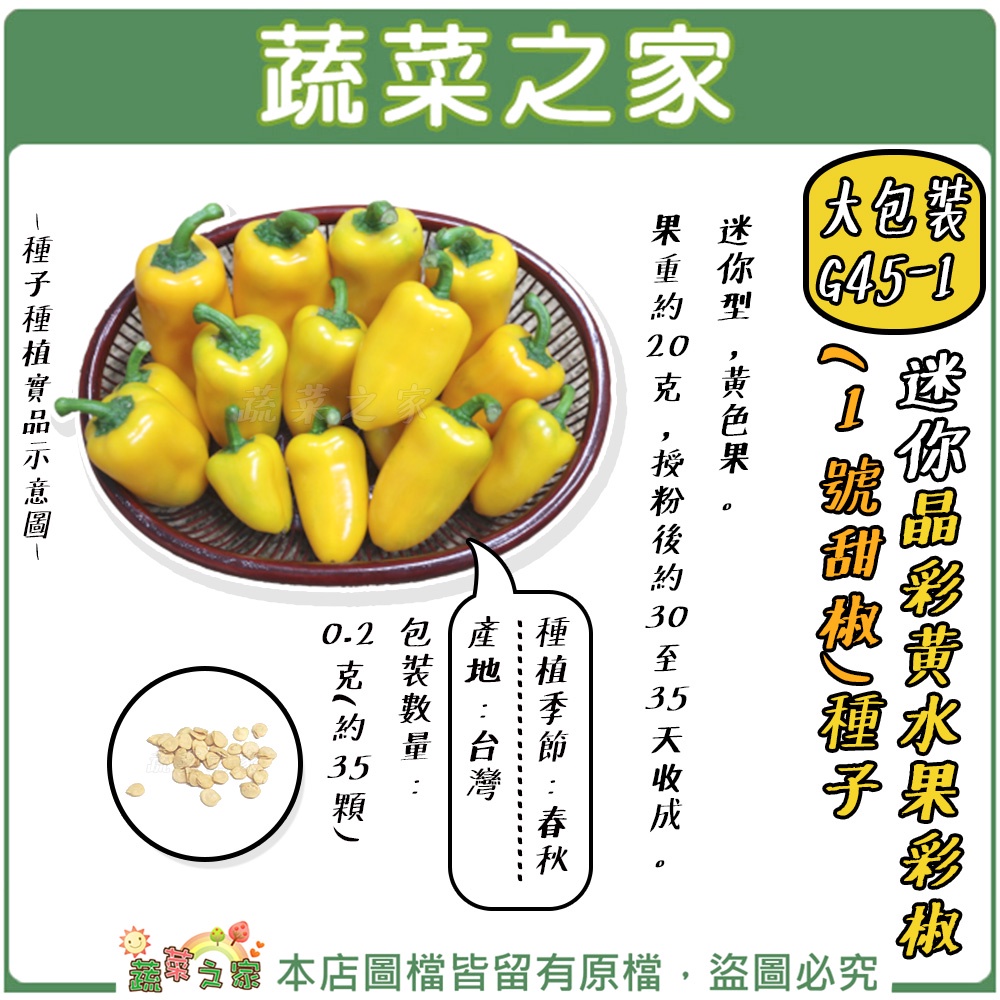 【蔬菜之家滿額免運】大包裝.迷你晶彩黃水果彩椒(1號甜椒)種子0.2克(約35顆) // 迷你型，黃色果，果重約20g果 | 蝦皮購物