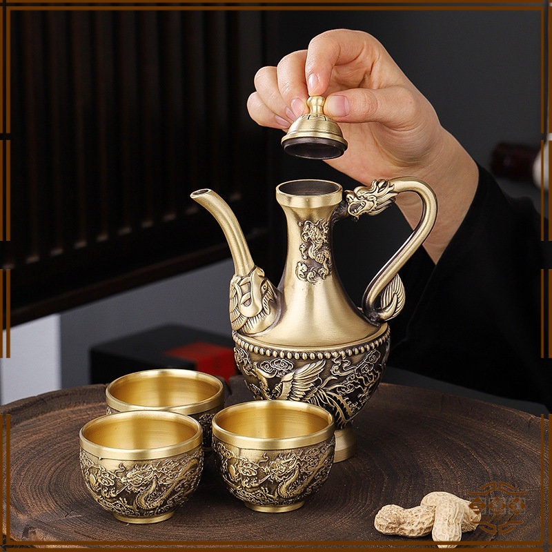 三雅道】純黃銅酒壺酒杯百福杯山水壺龍鳳壺茶壺家居創意銅器擺件| 蝦皮購物