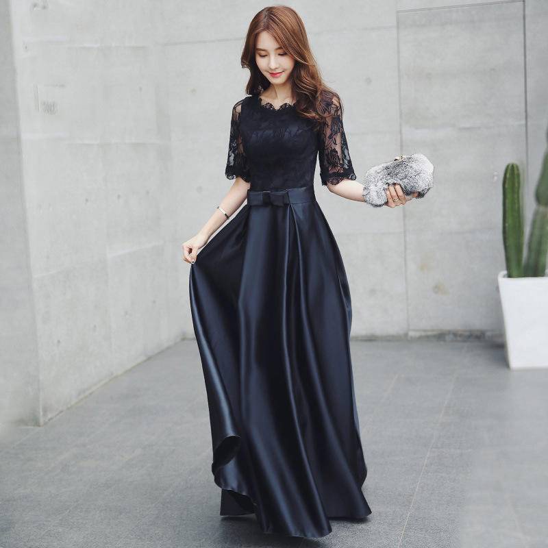支持支持訂製 女士禮服黑色聚會氣質晚禮服 年會主持人優雅顯瘦黑色晚宴服 慈善晚會敬酒服 日常約會洋裝 畢業典禮連身裙表演 | 蝦皮購物