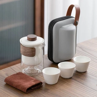 旅行カンフー茶器セット陶磁快客杯粗陶帯茶盤携帯用包一