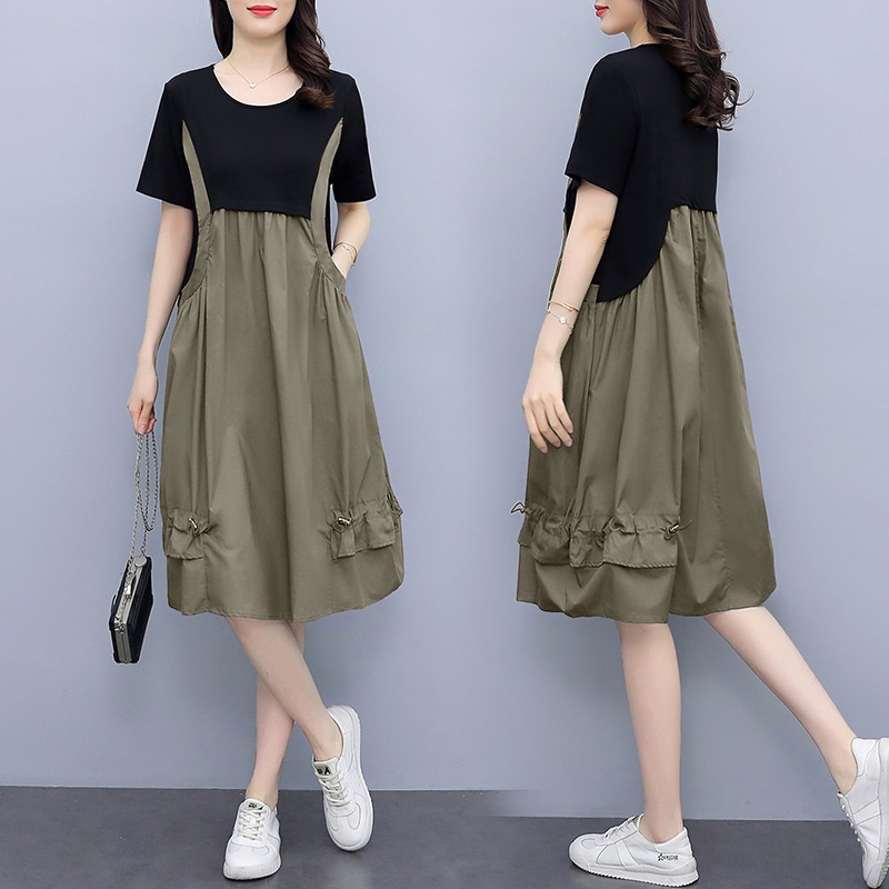 CB645 Party Dress 小摺領口仿兩件A字連身裙 - Navy 深藍色