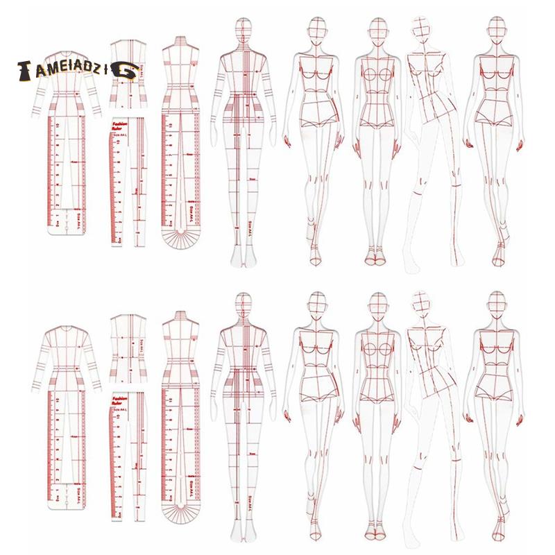 時尚插圖尺子素描模板尺子縫紉人形圖案設計服裝測量