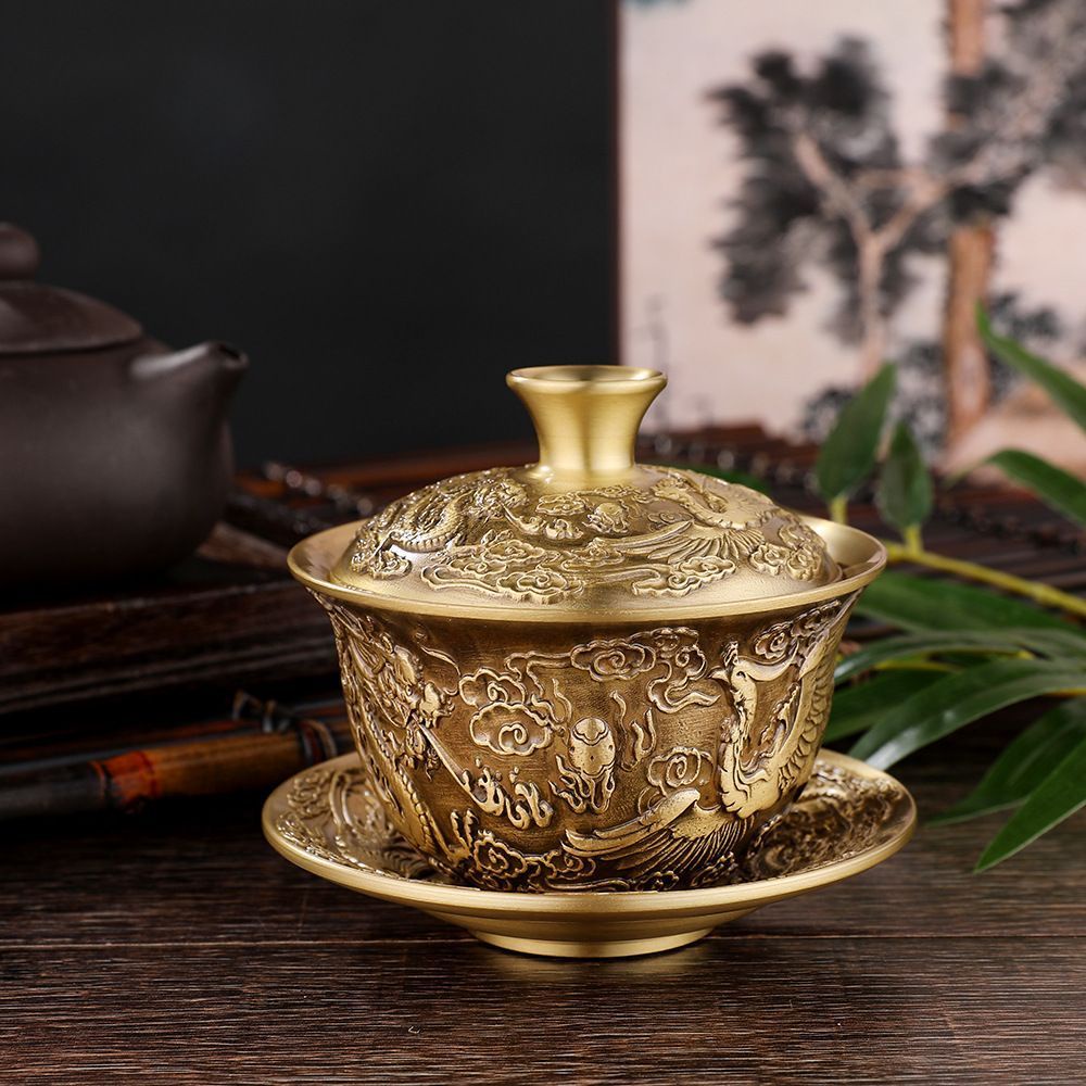 銅器 中国茶器 龍鳳呈祥銅鎏金三才蓋碗 茶碗 カップ 工芸品 置物
