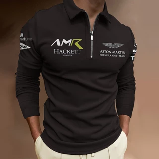 男士長袖Polo衫，戶外賽車運動襯衫，透氣t恤，阿斯頓·馬丁，黑白，F1, 長袖Polo衫
