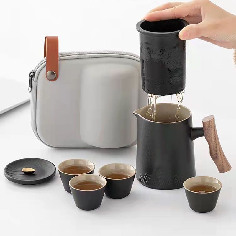 旅行カンフー茶器セット陶磁快客杯粗陶帯茶盤携帯用包一