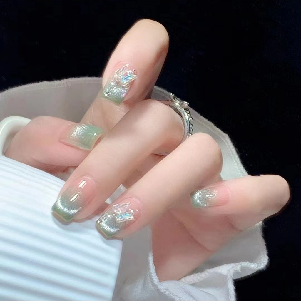 ✨MoMo Nail✨新品立體蝴蝶美甲貼片 ins高級顯白假指甲片 清新淺綠色24片穿戴甲 漸變晶石貓眼美甲可拆卸