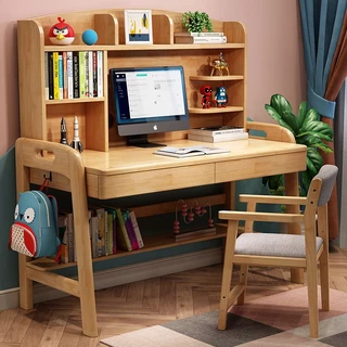 小學生書桌 實木書桌 電腦桌 家用可升降兒童學習桌 實木寫字桌 臥室電腦桌 書架一體桌