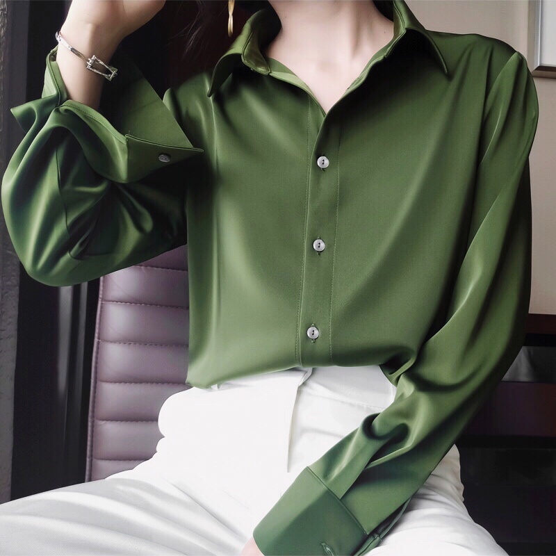 Hana時尚】 率性簡約高級感綠色緞面襯衫女通勤襯衣設計感小眾上衣春款 