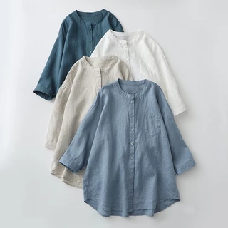 森女日系亞麻襯衫 夏季新款立領七分袖素色襯衫 寬鬆大尺碼棉麻上衣