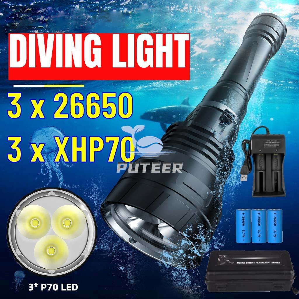 [新] 專業 70W 潛水手電筒超亮 3x P70 Led 水下 80m 潛水手電筒 3x26650 電池芯白光黃光 2 | 蝦皮購物