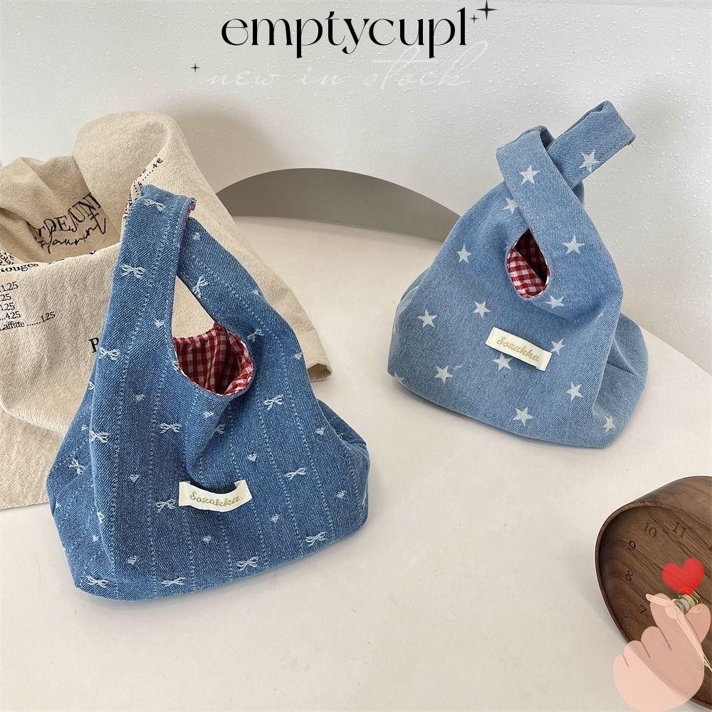 EMPTYCUP收納腕包,對比紅色網格牛仔手提包,禮物星星弓便攜的小手袋 | 蝦皮購物