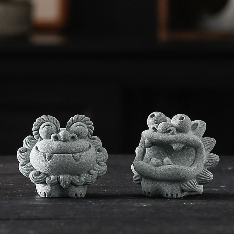 源一】可愛笑口常開風獅爺青砂石擺件Q版石獅子招財小物送財舞獅吉祥物
