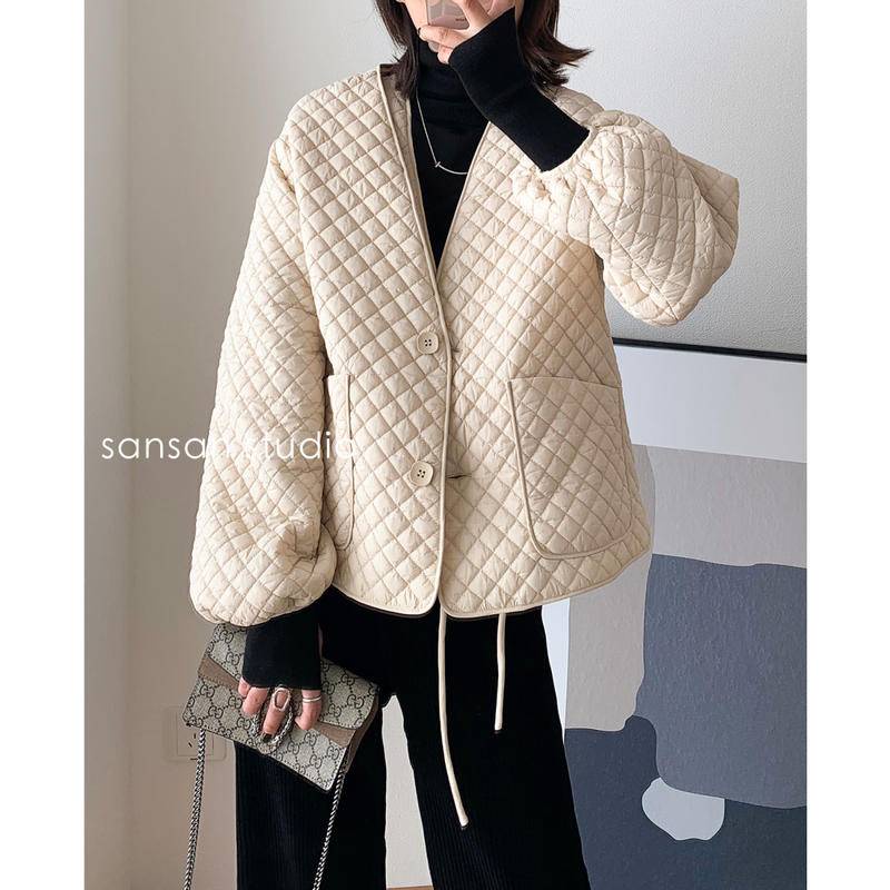 35-80kg入小香風棉服女韓新款時尚保暖輕薄菱格棉外套女白色寬鬆V領立體 