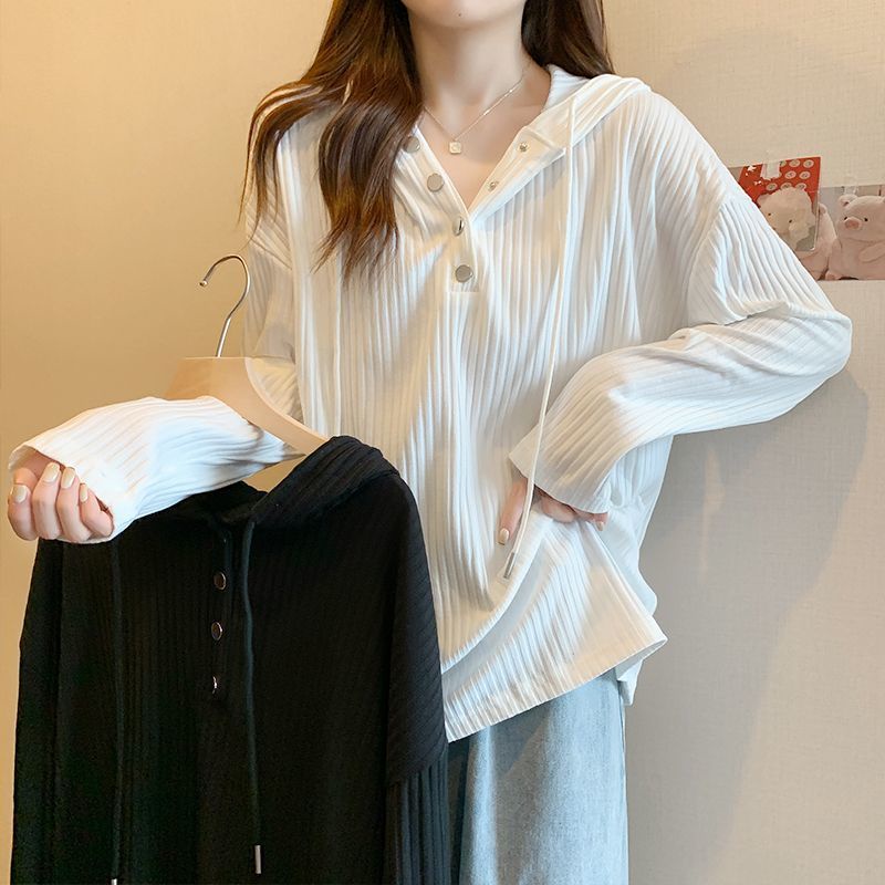 大碼胖MM坑條連帽T恤女秋季設計感寬鬆長袖打底衫顯瘦遮肉上衣潮 | 蝦皮購物