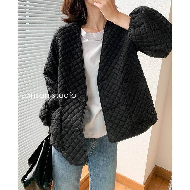 35-80kg入小香風棉服女韓新款時尚保暖輕薄菱格棉外套女白色寬鬆V領立體 