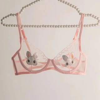 性感可愛兔子刺繡蕾絲超薄有框內衣女舒適透氣集中爆乳透明胸罩