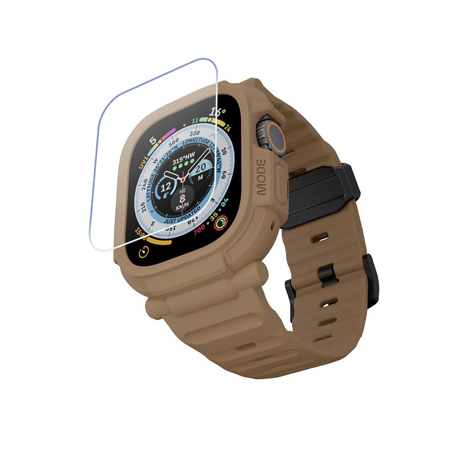 elkson Apple Watch Ultra 49mm Quattro Pro2.0柔韌透氣TPU一體成形軍規錶帶+鋼化膜套組/ 沙色 ...