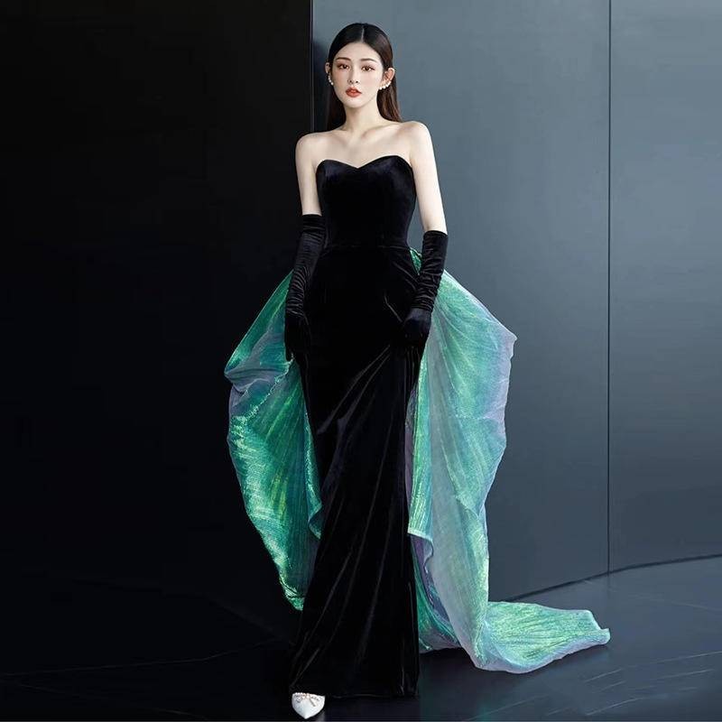 [現貨] 晚禮服 晚禮服洋裝 婚紗洋裝 洋裝 黑色晚禮服裙女 2024新款 宴會氣質 抹胸 主持人 優雅 魚尾 長款 | 蝦皮購物