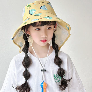 兒童帽子 2024新款 披肩 卡通小飛龍 遮陽帽 戶外學生 防晒帶口哨 漁夫帽