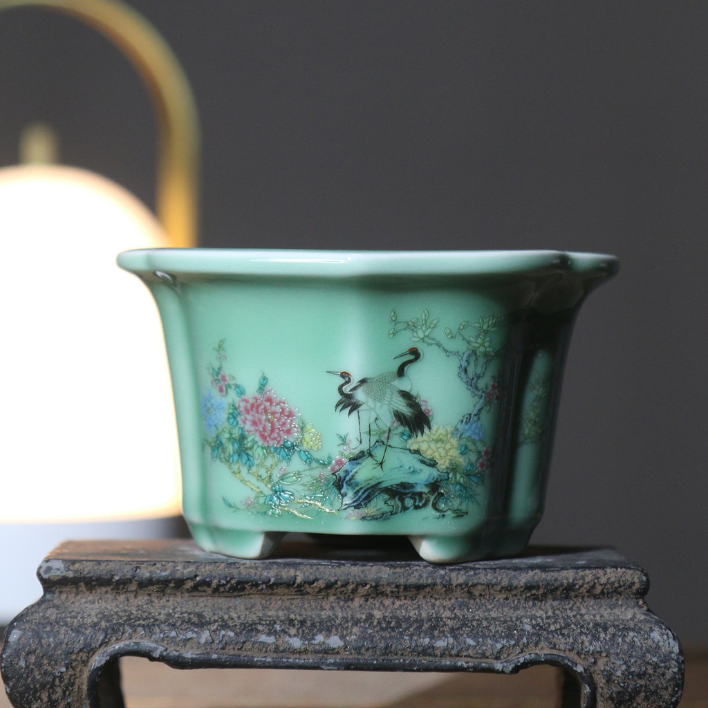 藍釉開片八方鉢 盆栽 多肉菖蒲盆栽 植木鉢 景德镇 装饰品 工艺品 置物 景德鎮彩釉花盆貼畫手繪陶瓷盆景盆圓形桌面盆栽菖蒲盆文竹古典中國風