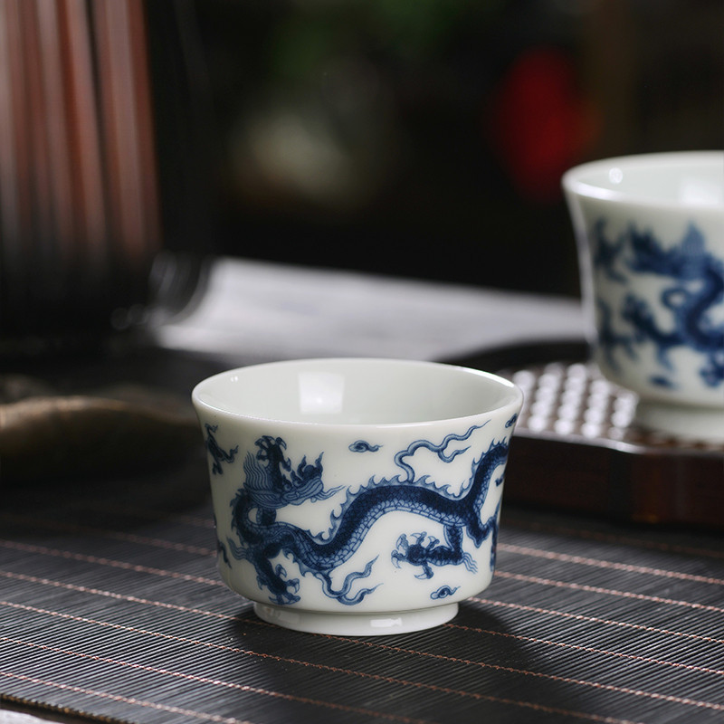 景德鎮青花龍紋主人杯會客杯家用陶瓷復古個人杯中式品茗杯茶杯【A211