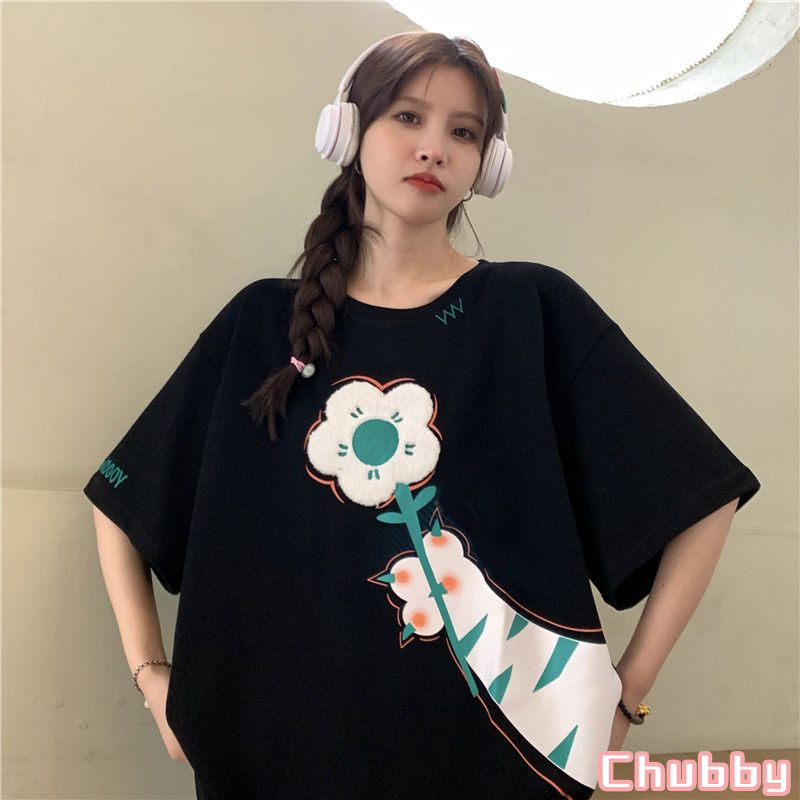 2024夏季新款印花短袖 大尺碼300斤胖妹妹 刺繡花短袖t卹女 夏季韓版寬鬆慵懶風 bf百搭學生上衣潮oversize | 蝦皮購物