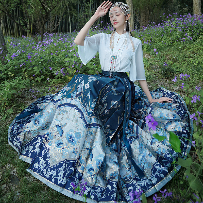 桃喜Rich現貨】織金馬面裙新中式改良漢服女民族立領提花盤扣上衣