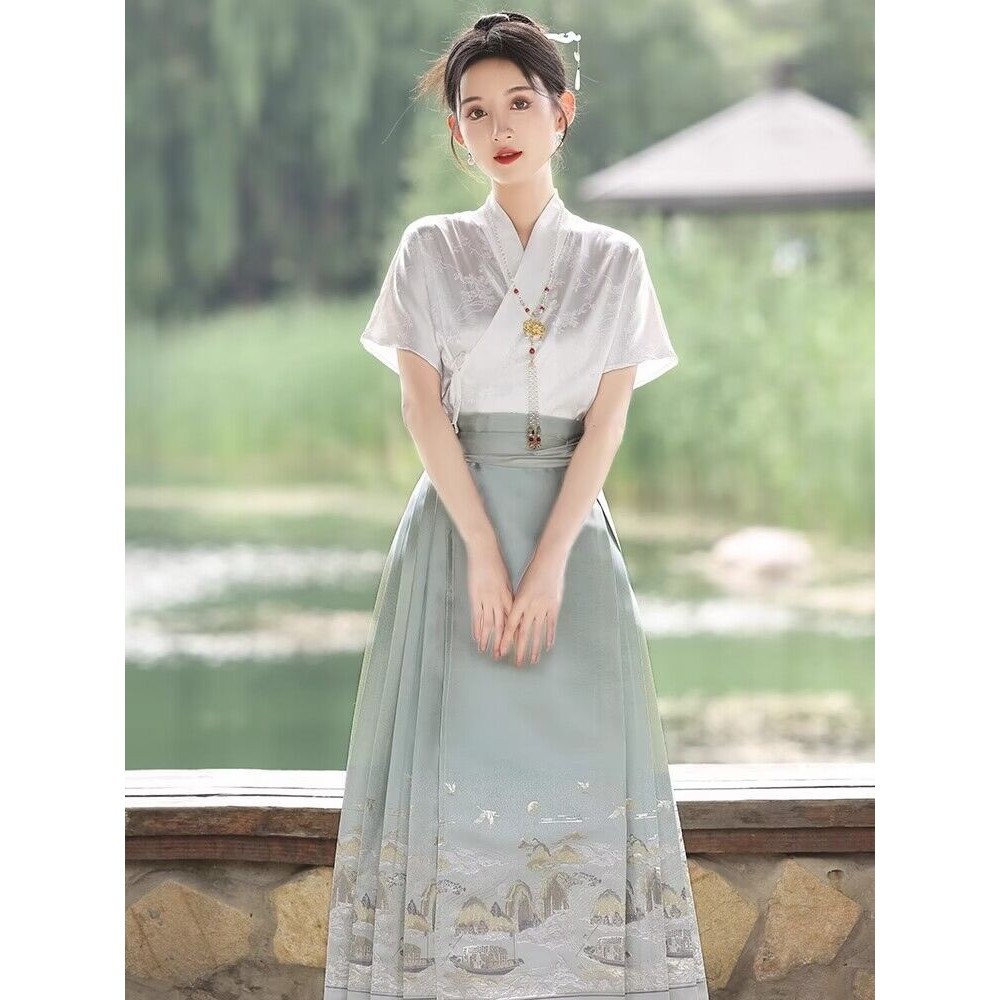 【桃喜Rich現貨】印花馬面裙 新中式漢服 夏季新款 明制馬面裙套裝 搭配上衣漢服小個子日常 國風交領上衣 短袖漢服 | 蝦皮購物