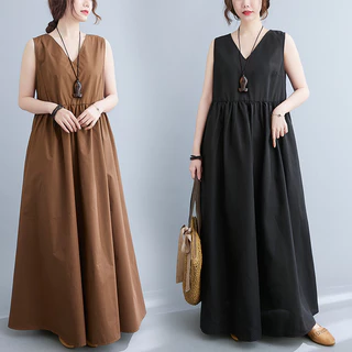 夏裝新款日韓版寬鬆休閒簡約無袖洋裝 大尺碼V領素色大擺洋裝