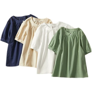 夏季新款舒適薄款棉麻上衣 藝文日系素色短袖t恤 大尺碼寬鬆休閒圓領T恤