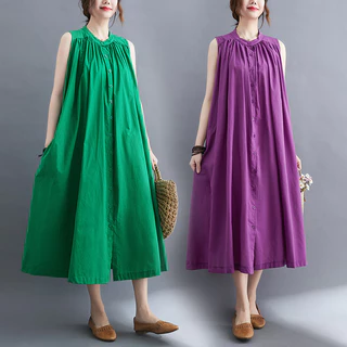 大尺碼無袖洋裝 五色可選 復古藝文素色襯衫裙 森系寬鬆休閒大擺洋裝