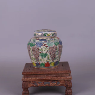 明 成化年製 陶磁器 鬥彩萱草紋天字罐」染付 置物