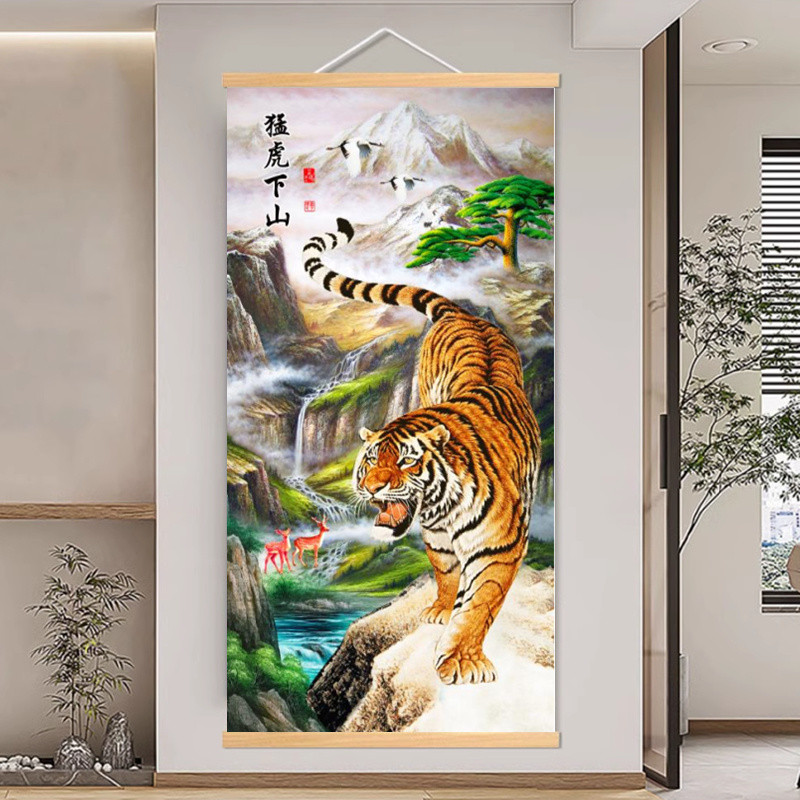 猛虎掛軸　翠石　Y281 老虎畵入戶玄關上山虎裝飾畵猛虎下山圖新中式寓意好掛畵客廳國畵| 蝦皮購物