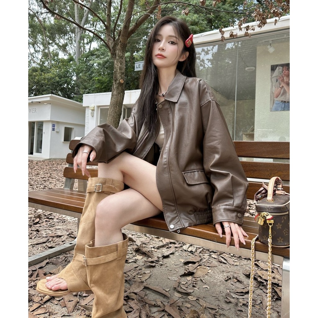 【梨卡】隔日到貨 【拉鍊款】情侶可穿 男女生防風皮衣 顯瘦外套 棕咖色皮衣外套 帥氣 春裝外套WT1928【現貨24H】 | 蝦皮購物