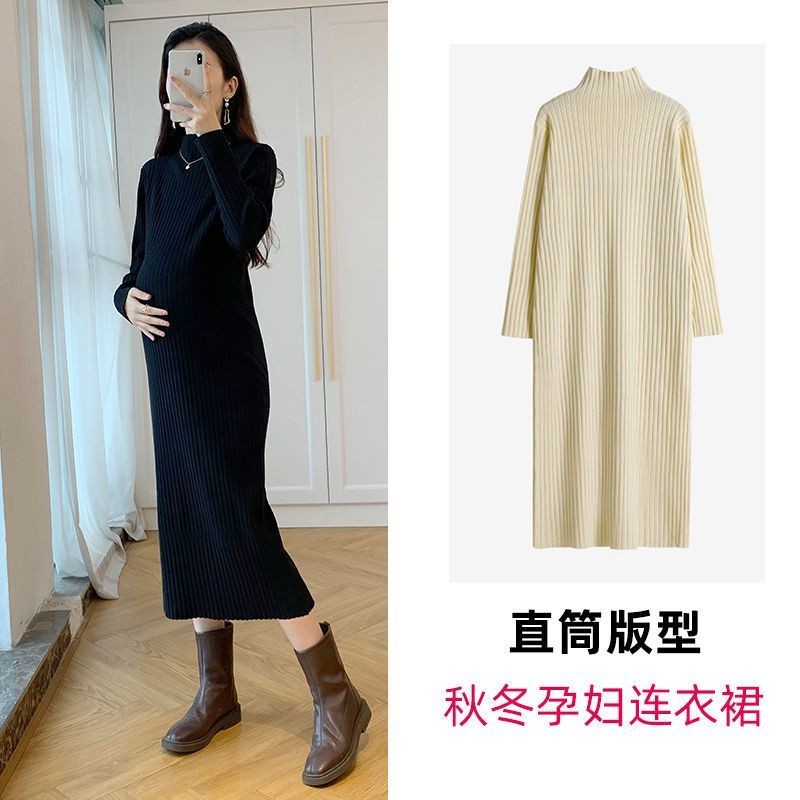 孕婦氣質V領針織秋冬連身裙