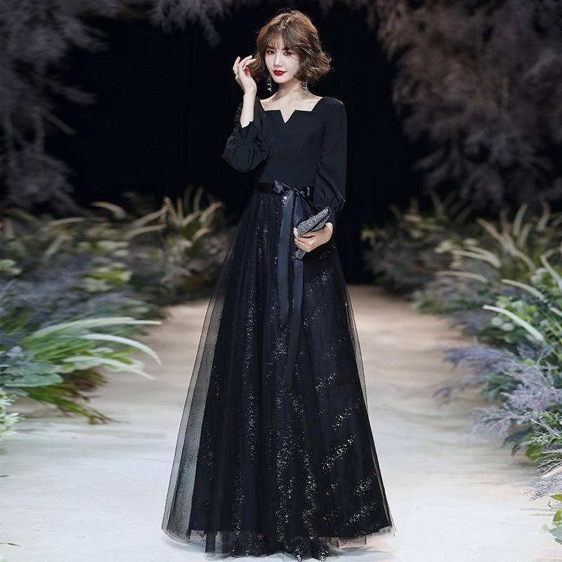 支持訂製 女士黑色晚禮服 名媛聚會端莊晚宴服 主持人修身顯瘦高端晚禮服 畢業典禮小個子成人禮服 慈善晚會敬酒服長袖長款連 | 蝦皮購物