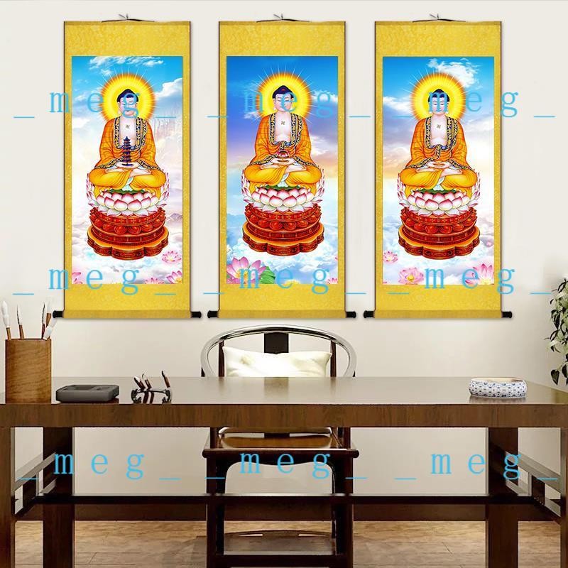 三寶佛三世佛掛軸卷軸畫像阿彌陀佛釋迦牟尼佛藥師師佛掛畫絲綢裝飾畫