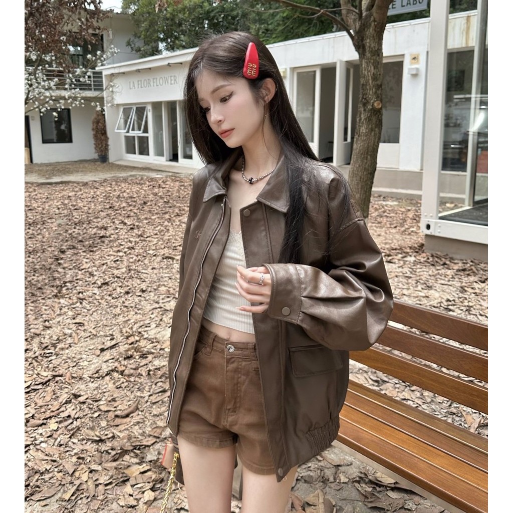 【梨卡】隔日到貨 【拉鍊款】情侶可穿 男女生防風皮衣 顯瘦外套 棕咖色皮衣外套 帥氣 春裝外套WT1928【現貨24H】 | 蝦皮購物