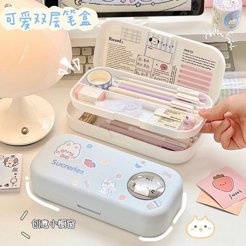 可愛文具盒鉛筆盒雙層女孩收納盒三年級卡通兒童小學生大容量摺疊Cute pencil case, double-layer | 蝦皮購物
