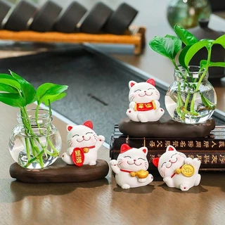 台灣現✨水培銅錢草專用 招財室內 水培植物室內盆栽 綠蘿水養玻璃花瓶 鮮花水培器皿 可愛招財貓桌面擺件 客廳插花裝飾品